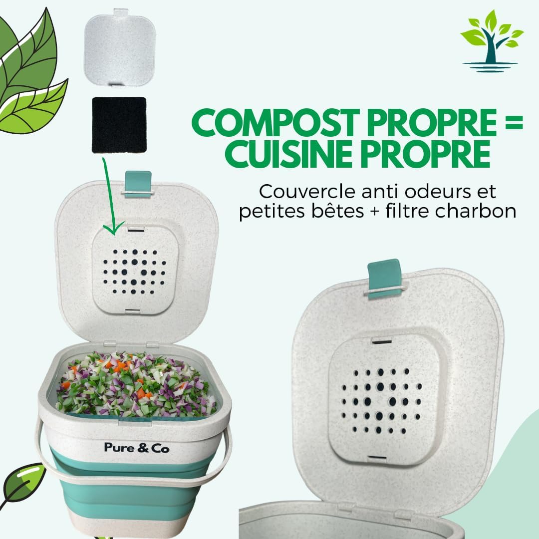 Pure&Co -Composteur Cuisine Pliable 4L -Poubelle Compost Table Déchet Alimentaire -Anti Odeur Couvercle+Filtre-Bioseau -Appartement Petit Plan Travail -Jardin -Recyclage -Kit Démarrage Offert