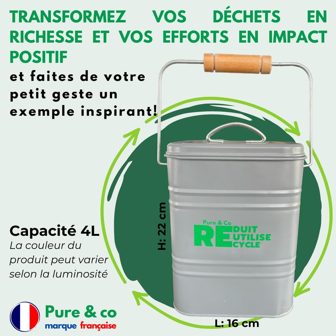 Pure&Co- Composteur Cuisine 3L-Design-Poubelle Compost Table DĂ©chet Alimentaire-Anti Odeur Couvercle hermĂ©tique-Bioseau -Appartement Petit Plan Travail -Jardin -Recyclage -Mode dâEmploi Offert- Acier