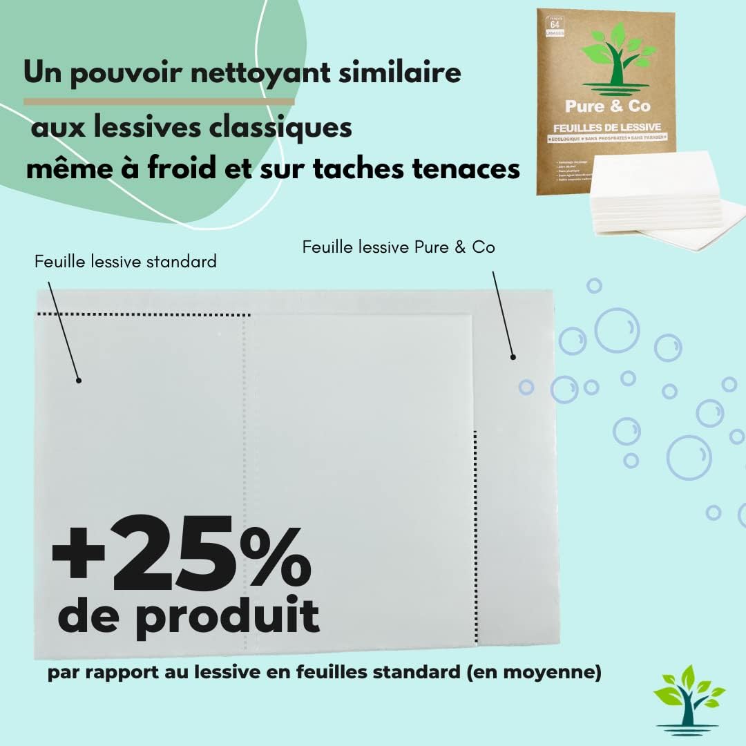 PURE & CO Lessive Feuilles Verte Ecologique, Bio, Bebe, Voyage, Machine à Laver, Main, Magique, Poudre, Hypoallergénique, Lingette, Concentrée, Parfum naturel Huiles Essentielles