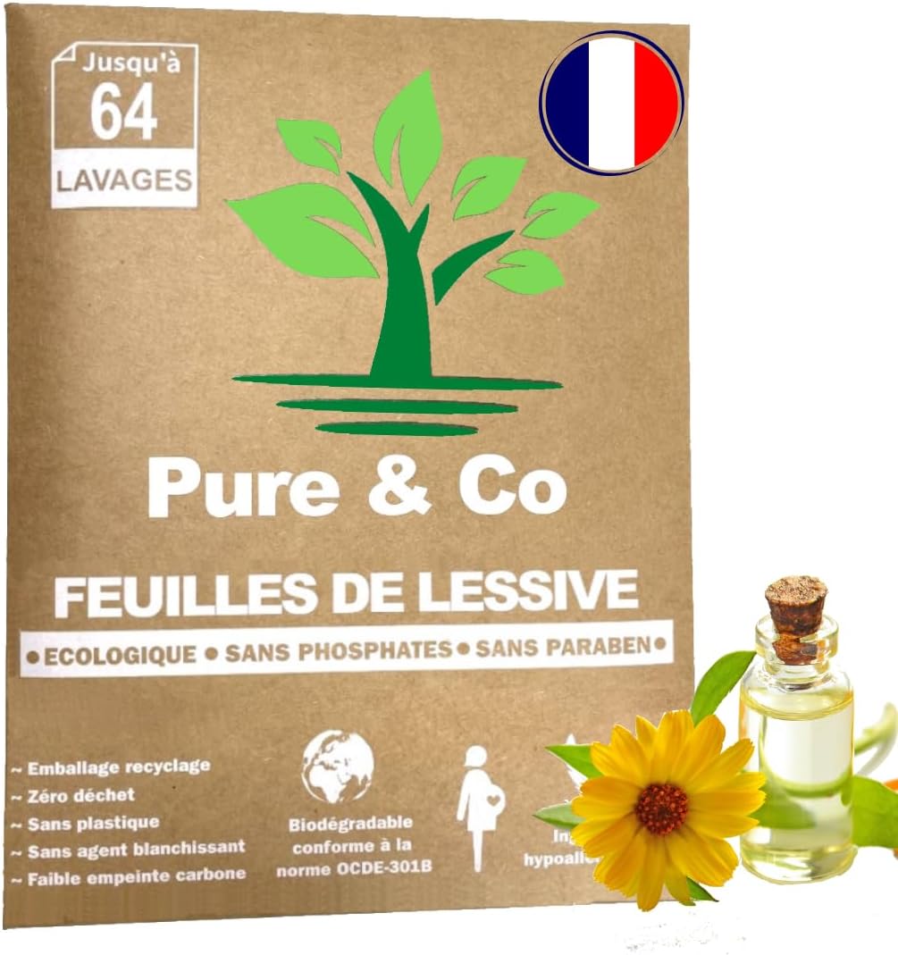 PURE & CO Lessive Feuilles Verte Ecologique, Bio, Bebe, Voyage, Machine à Laver, Main, Magique, Poudre, Hypoallergénique, Lingette, Concentrée, Parfum naturel Huiles Essentielles