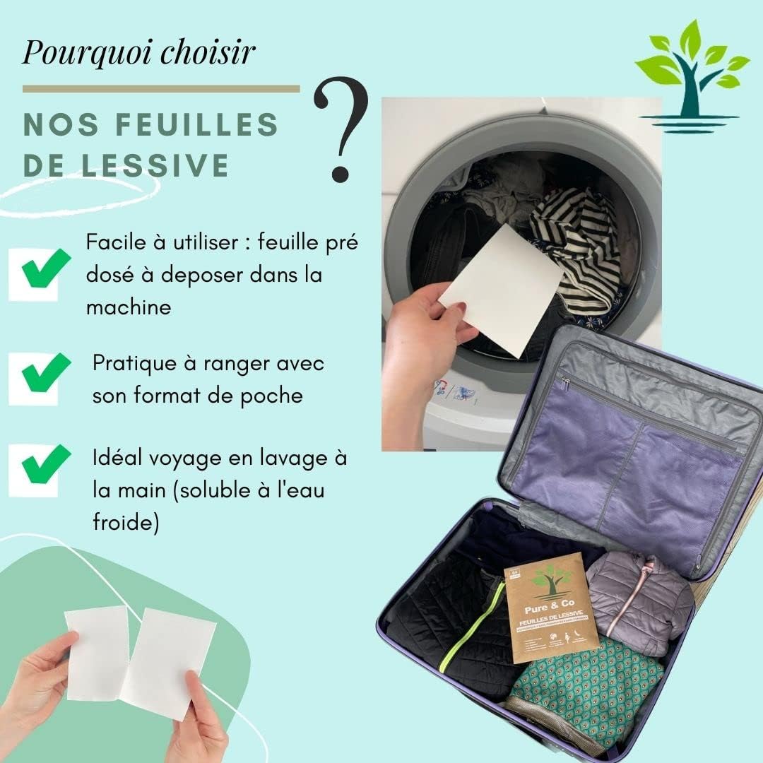 PURE & CO Lessive Feuilles Verte Ecologique, Bio, Bebe, Voyage, Machine à Laver, Main, Magique, Poudre, Hypoallergénique, Lingette, Concentrée, Parfum naturel Huiles Essentielles